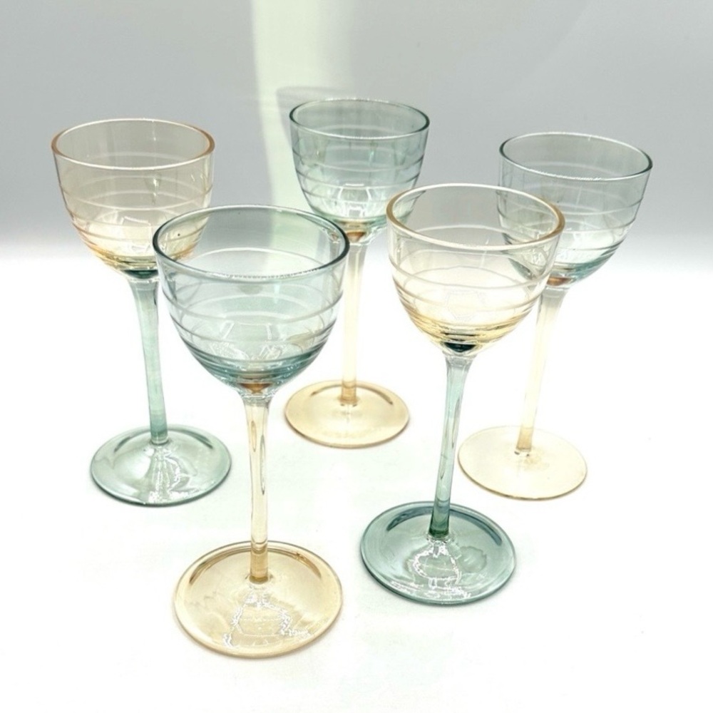 5 Swedish Pukeberg Glass Stemmed Cordials. Art Nouveau.